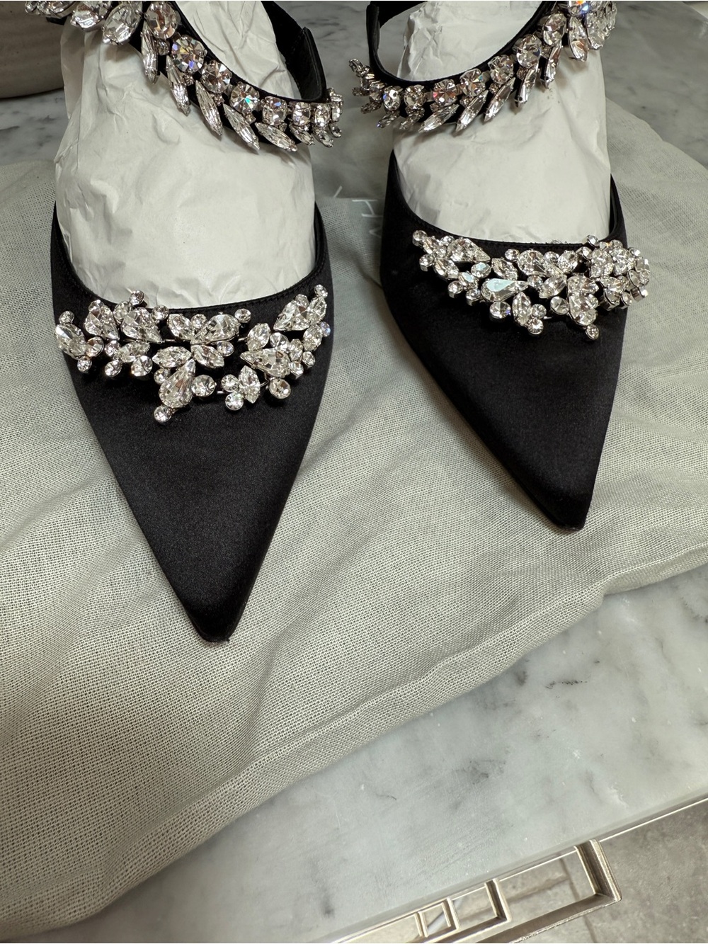 NEW Manolo Blahnik Black Crystal-Embellished Pointed Toe Slingback Pumps - Picture 5 of 6